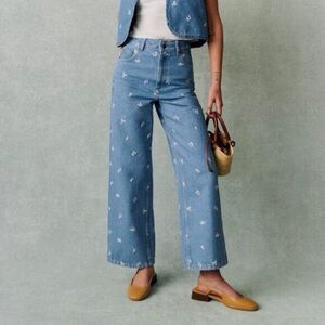 Sézane Le Crop in Blue with White Embroidered Flowers, sz 42 (10)